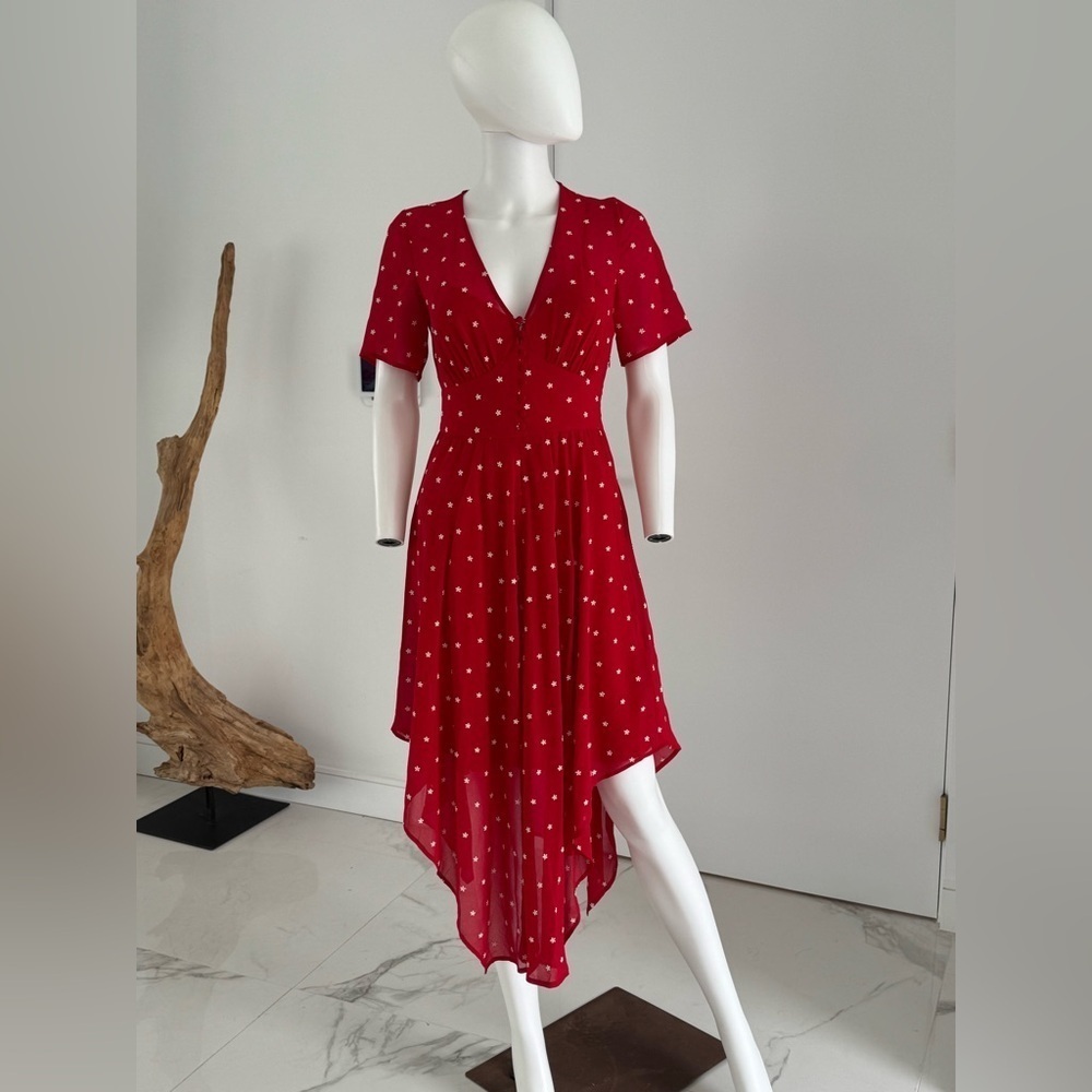 Maje Raola Red Embroidered Crepe Asymmetrical Midi Dress Size 36